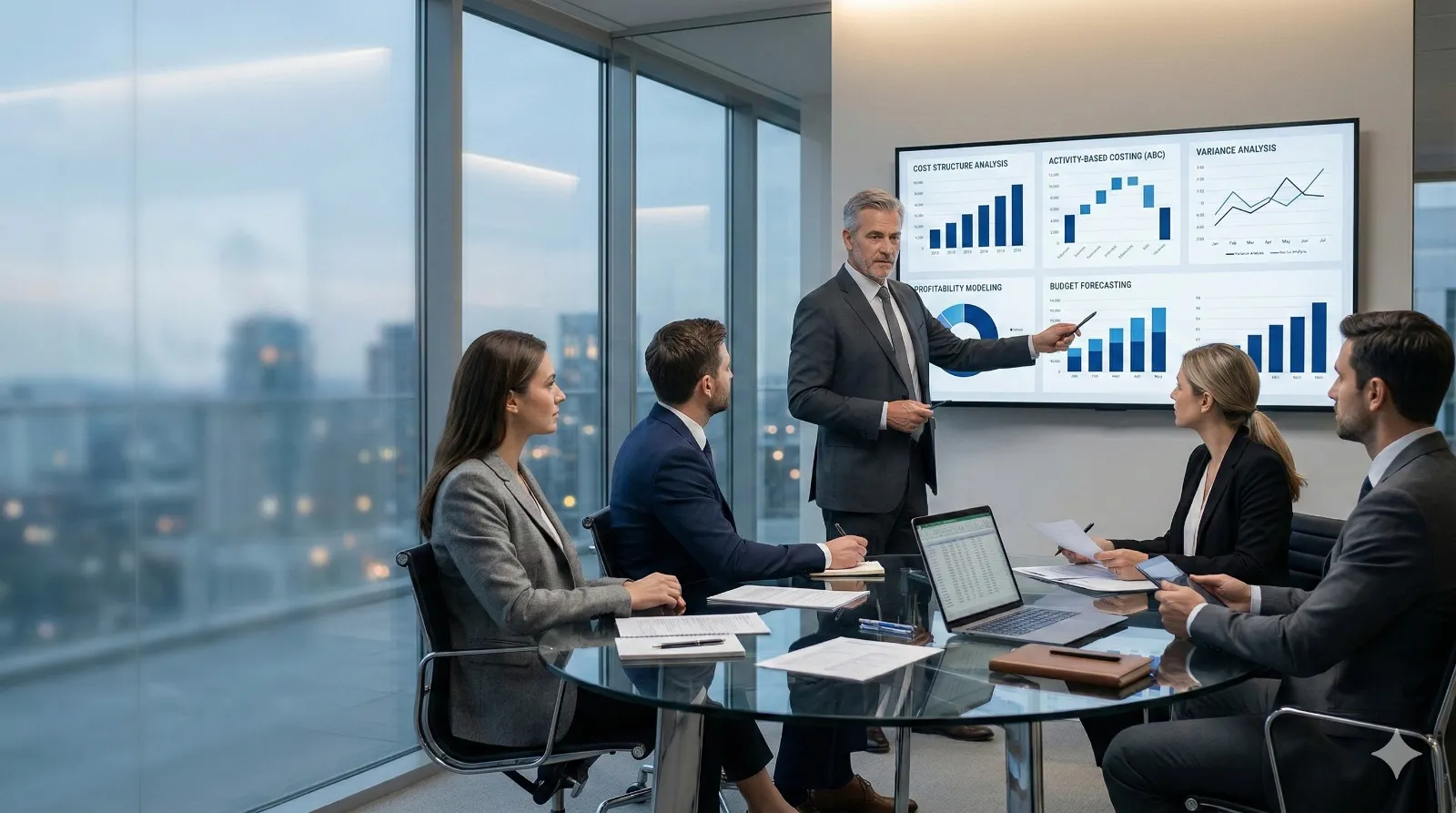 Advisor presenting cost structure, profitability and budget forecasting dashboards to a client team